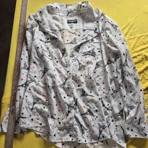 Karl Lagerfeld White Eiffel Tower Print Blouse with Black and Red Accents